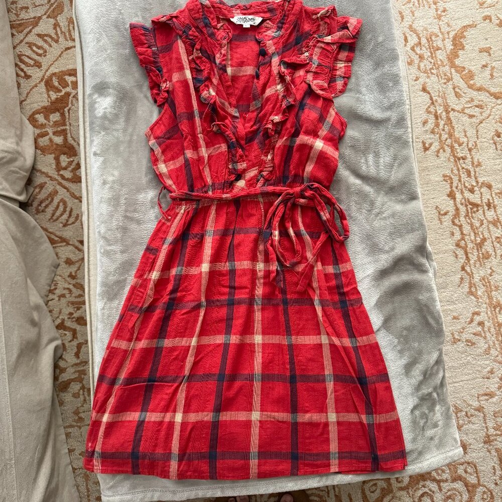 Tramp Red, Navy & Cream Plaid Ruffle Top Sleeveless Dress with Belt Sz L